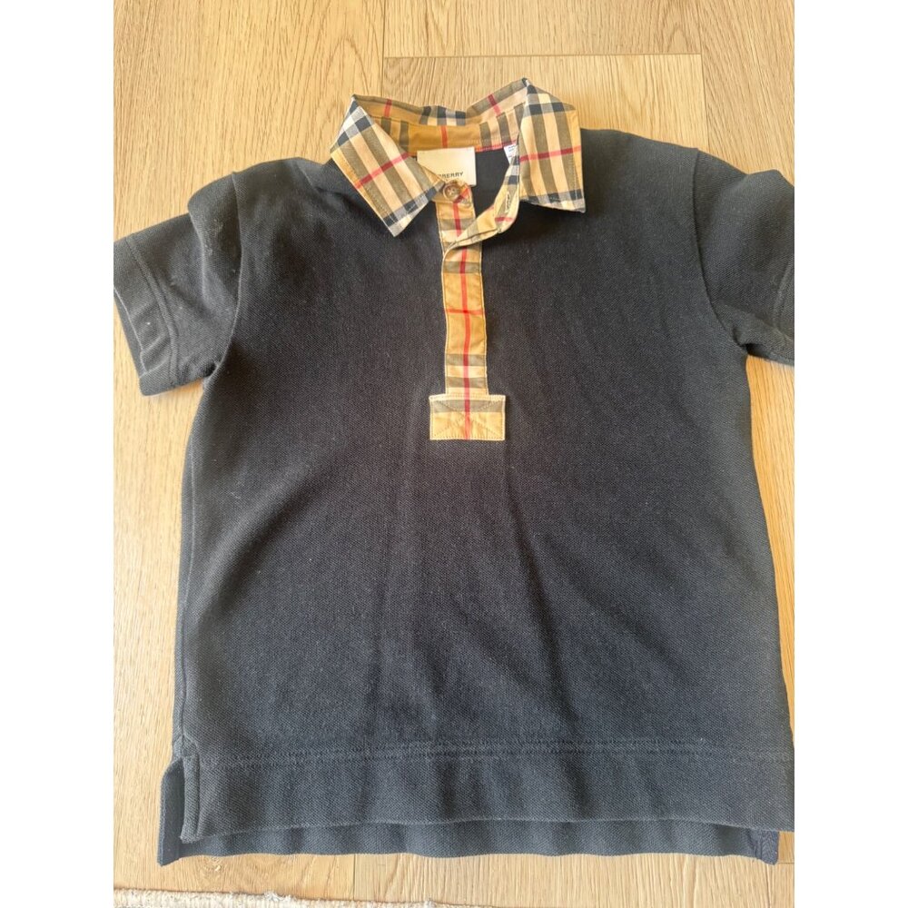 Burberry Kids Polo Shirt 6Y 116cm Black Beige Check Collar 100% Cotton Short Sle